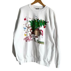 Vintage Looney Tunes Taz Christmas Crewneck Sweatshirt White XXL